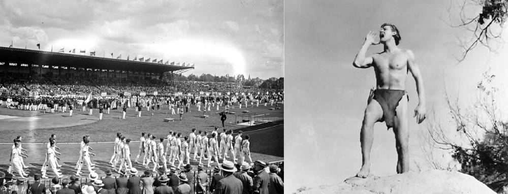 Ouverture J.O. 1900  à Colombes (Gallica) et Johnny Weissmuller (DR)