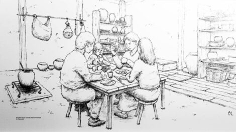 Représentation d'une famille gauloise à Table Illustration G. Pissondes