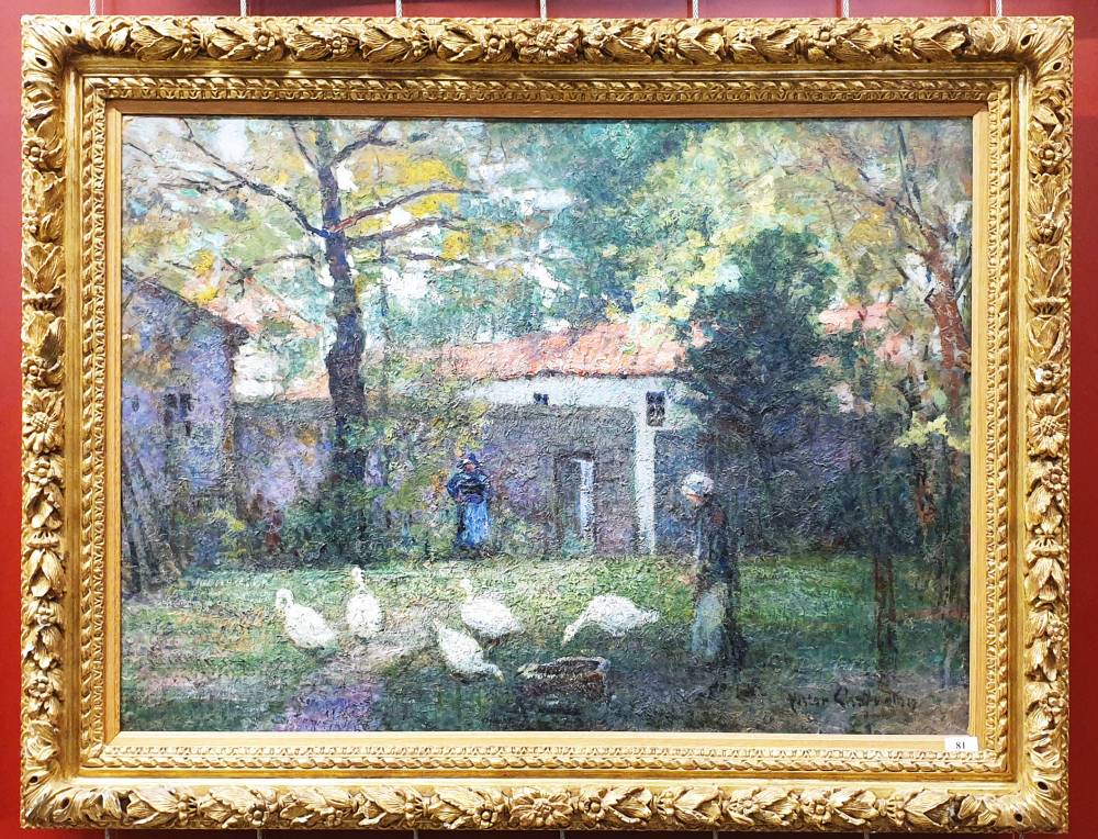 Cour de ferme avec des paysannes et leurs oies Victor Charreton