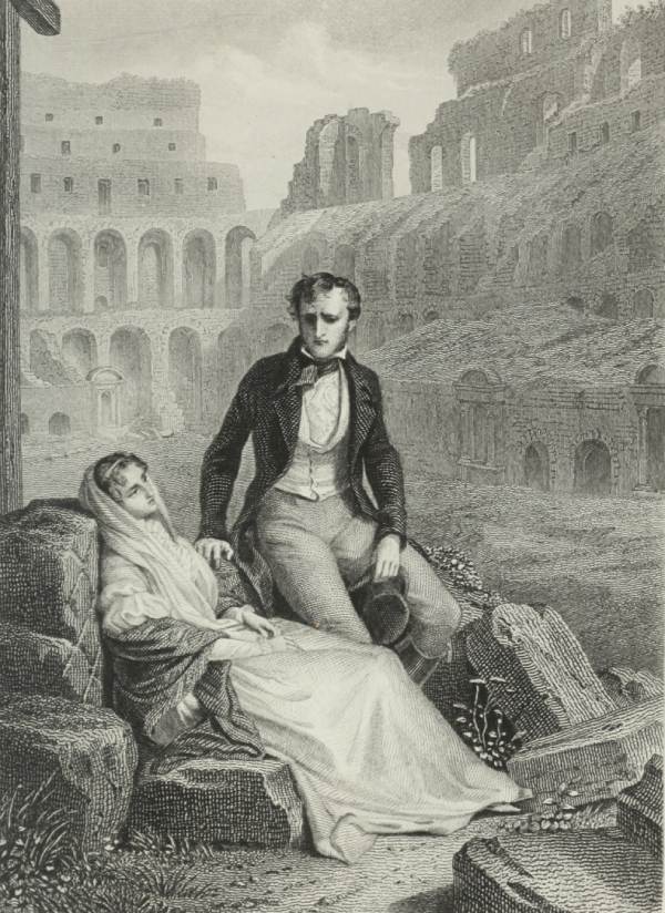 Chateaubriand et Madame de Beaumont au Colysée à Rome. Illustration de Félix Philippoteaux pour les Mémoires d'outre tombe, Garnier Frères Éditeurs, 1910. Internet Archive.