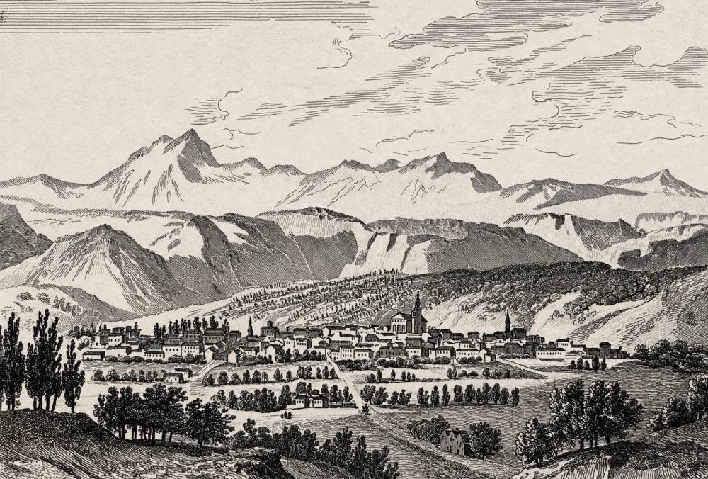 Clermont Ferrand au début du xixe. Gravure restaurée, extraite de France pittoresque, Abel Hugo, 1835. Coll. part.